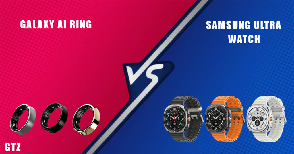 Comparison of Galaxy AI Ring and Samsung Ultra Watch focusing on design and comfort.