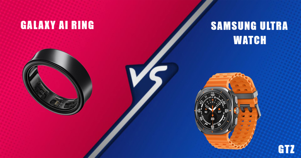 Comparison of Galaxy AI Ring and Samsung Ultra Watch highlighting features and design differences.