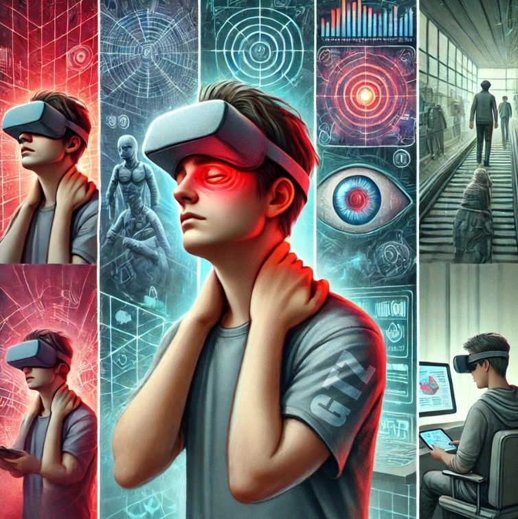 Illustration of the rising trend of AR/VR in daily life and potential side effects of prolonged use of Apple Vision Pro 2, including physical, mental, and social impacts.