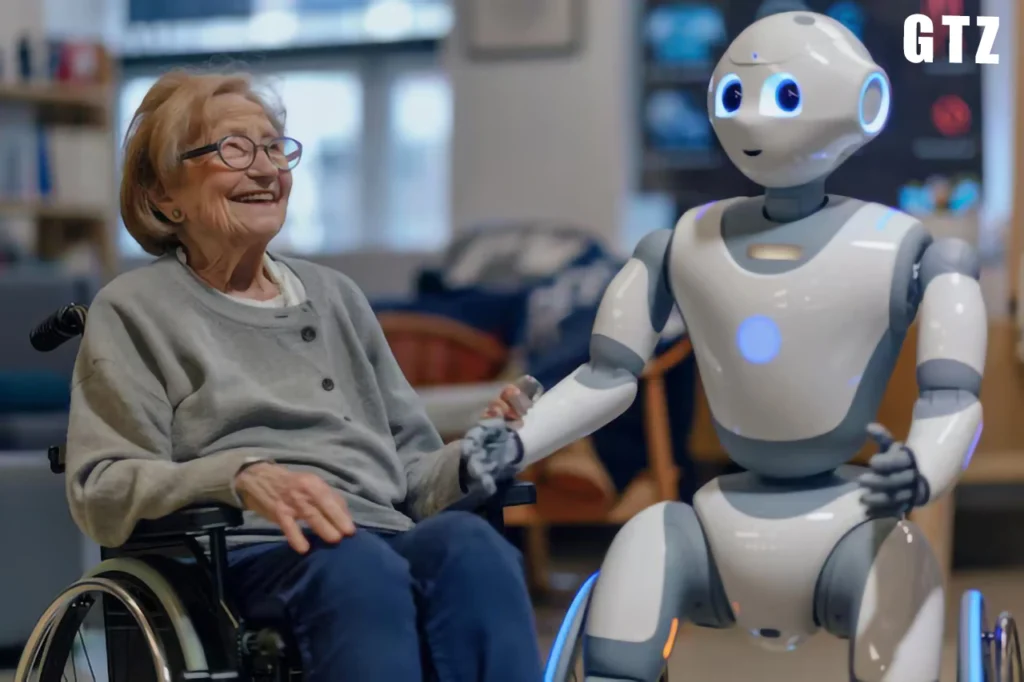 Tesla AI Robot providing assistance to elderly individuals and people with disabilities, supporting daily tasks and enhancing independence.