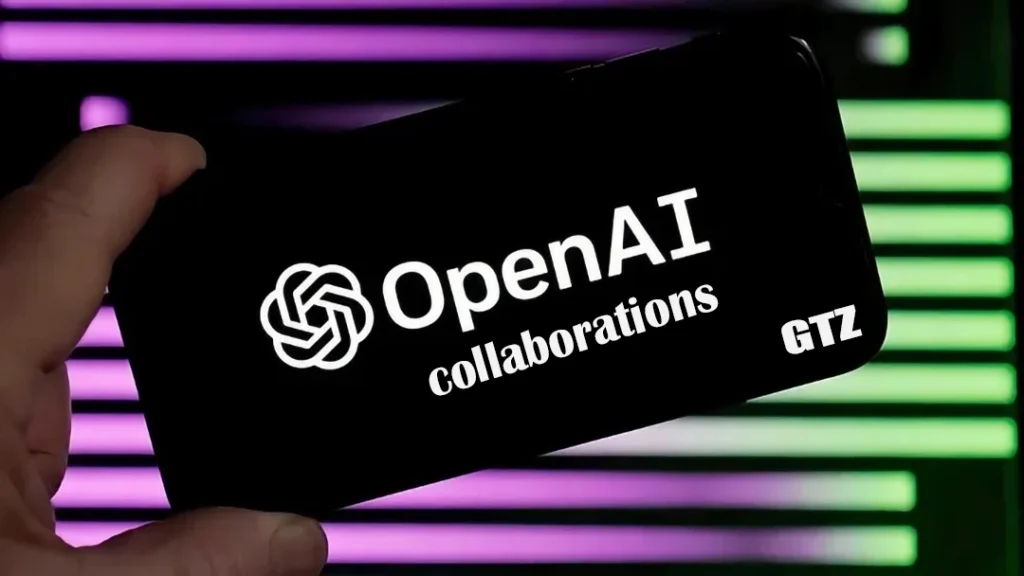 A depiction of OpenAI’s collaborations, featuring logos of Microsoft and educational platforms, along with icons representing AI-integrated productivity tools and personalized learning experiences.