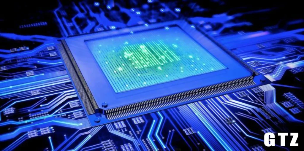 Close-up of a computer CPU chip showing pins and detailed architecture