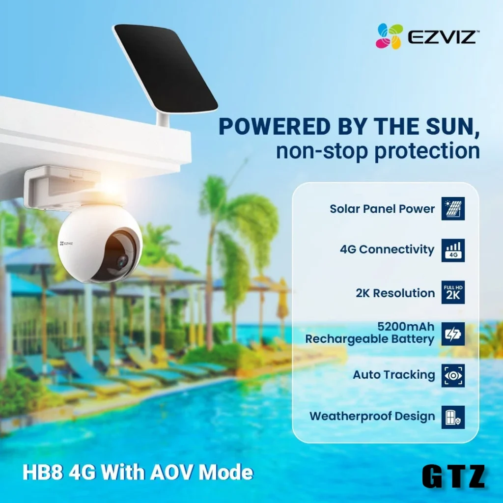 A sleek EZVIZ HB8 4G security camera mounted outdoors, showcasing its durable design and wireless connectivity.