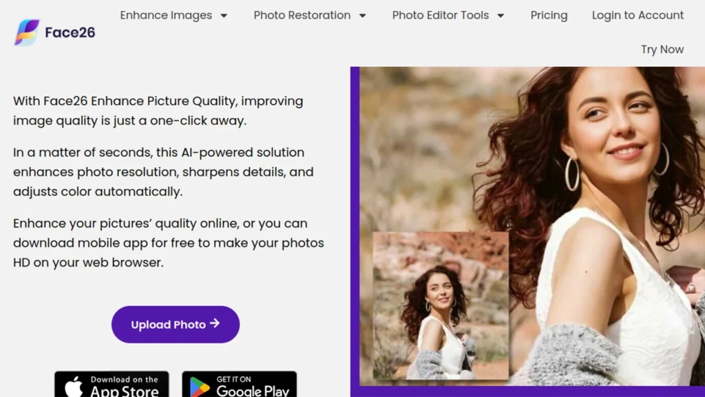 Face26 free AI photo enhancer 2025 – Colorize black-and-white photos, sharpen blurry images, and enhance facial details with no paid plans.