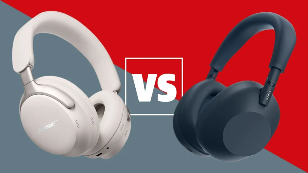 Side-by-side comparison chart of Sony WH-1000XM6, Bose QuietComfort Ultra, and Apple AirPods Max headphones