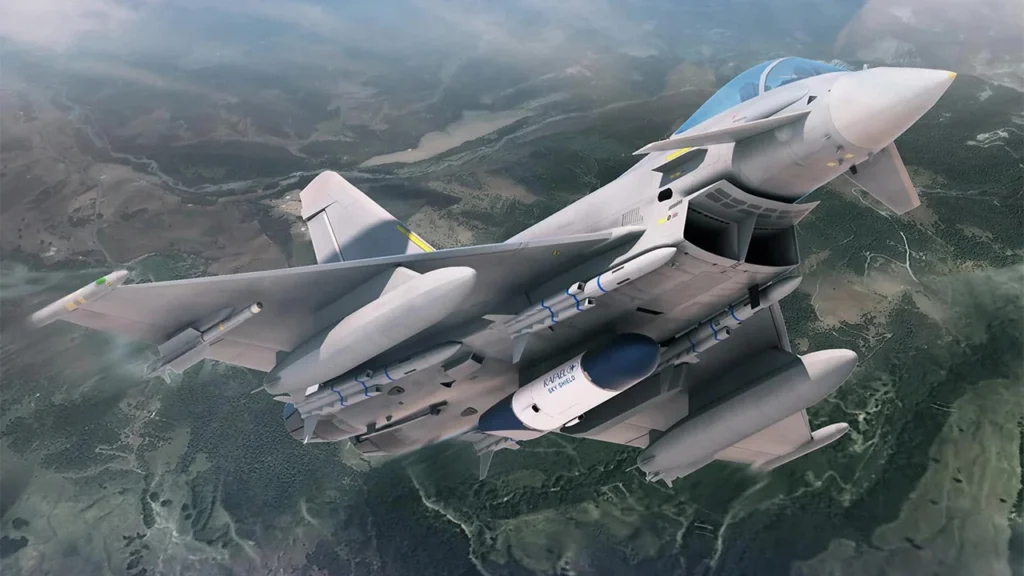 Rafale jet deploying countermeasures with Spectra electronic warfare system for radar jamming and missile evasion