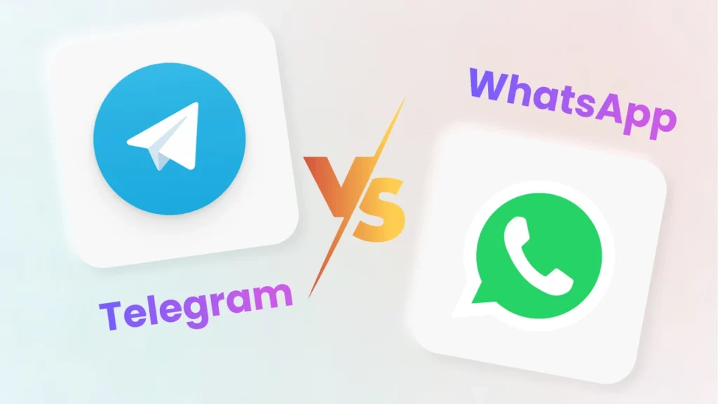 Telegram vs WhatsApp comparison showing security, file sharing, multi-device access, and business use advantages