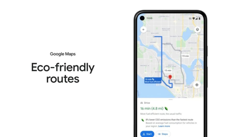 Google Maps displaying eco-friendly route options with real-time traffic and elevation data to optimize fuel efficiency on a smartphone.