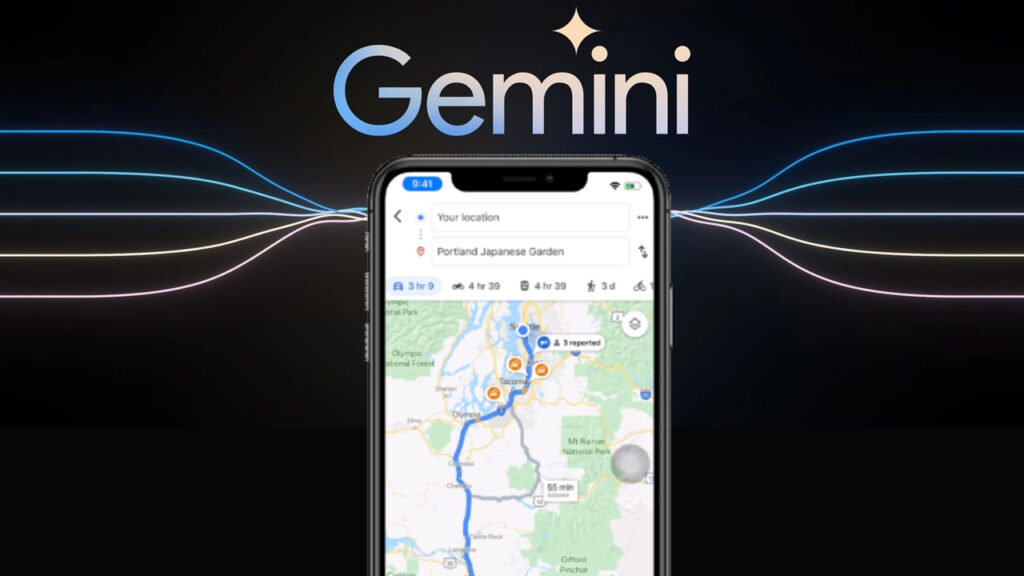 Illustration of Google Maps Gemini AI in action, showing smart navigation features like real-time traffic updates, eco-friendly routing, and immersive 3D maps on a smartphone screen.
